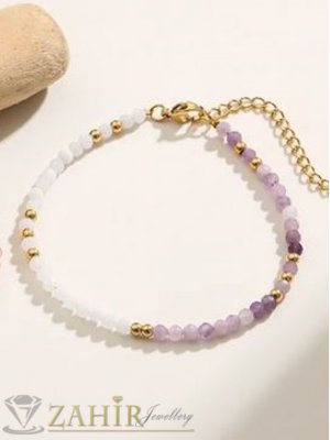 Мега яка гривна за ръка или глезен от естествен аметист и бял ахат 3 мм топче и стоманени елементи, закопчалка и удължител - GA3080